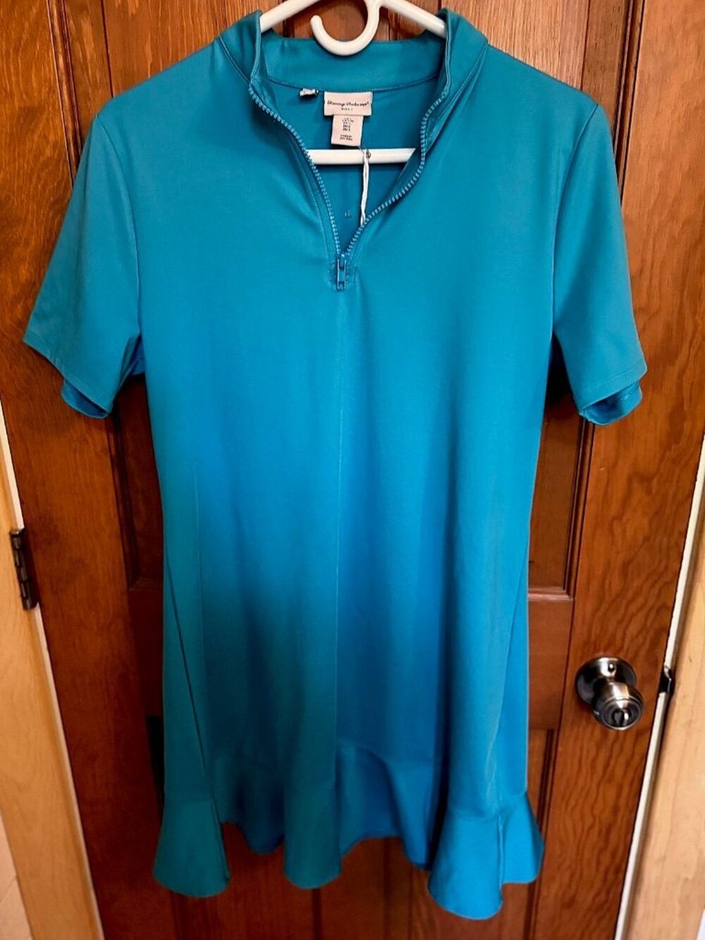 Tommy Bahama Golf Dress Women's L Teal Blue Quarter Zip Mock Neck Ruffle Hem NWT